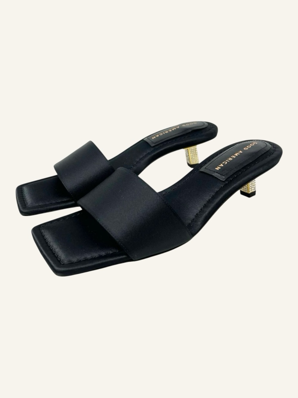 Good American Black Satin Square Toe Slide Sandals Gold Rhinestone Kitten Heels